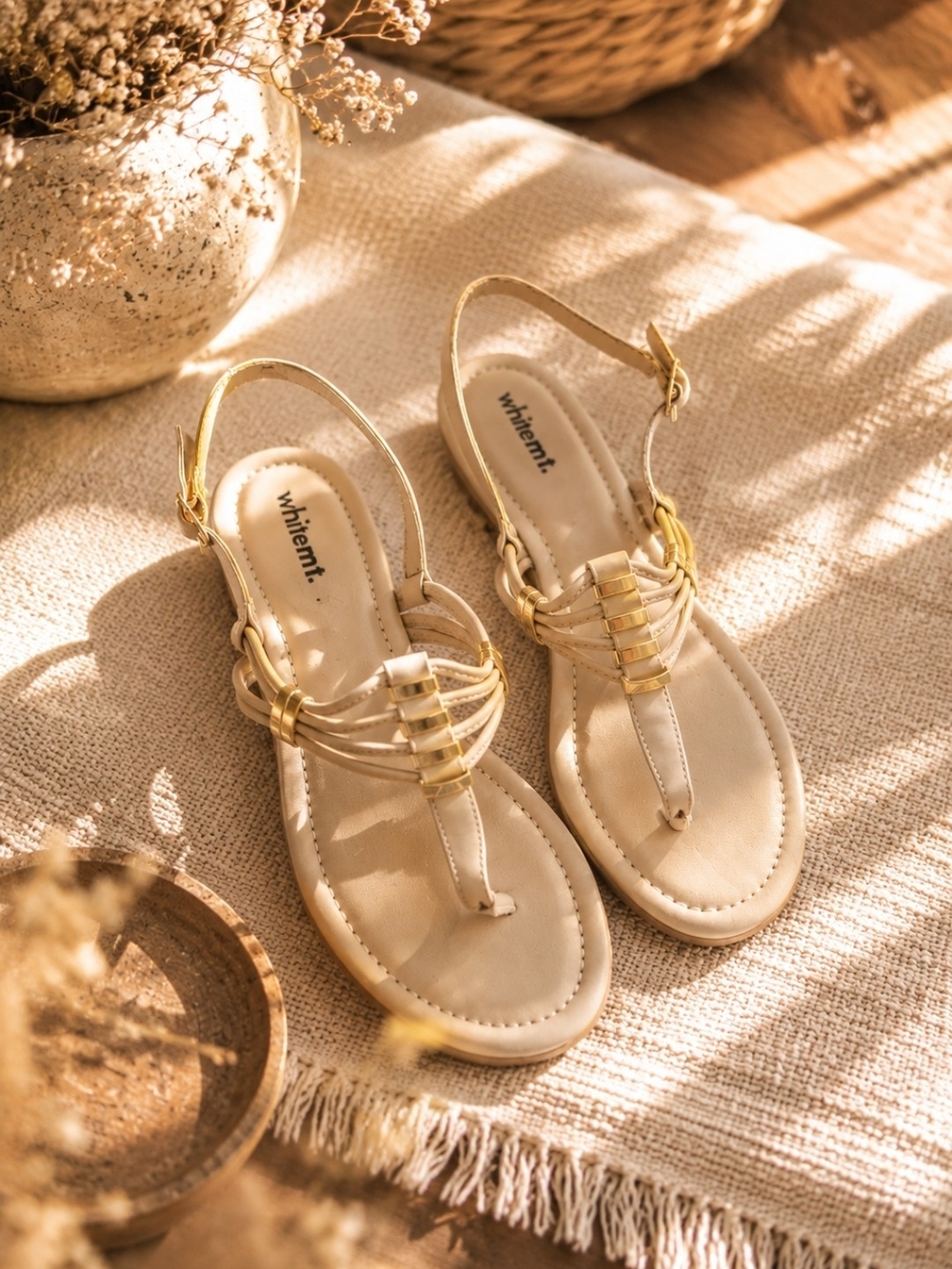 Nude Cream T-Strap Gladiator Sandals Gold Hardware Flat Summer Boho Resort